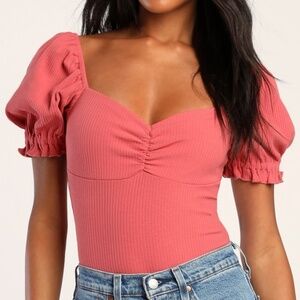 Lulus Romantic Inclination Rusty Rose Ribbed Knit Puff Sleeve Bodysuit Pink